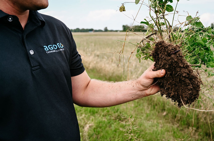 Agoro farmer holding a patch of soil